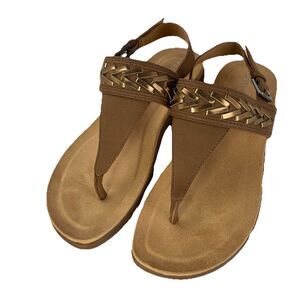 Easy-Spirit Women Semonte3 Sandal Size 7.5 Thong Suede Leather Brown Gold Accent